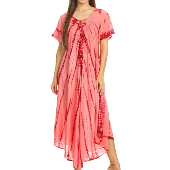Sakkas Melika Tie Dye Caftan Dress - Red - One Size