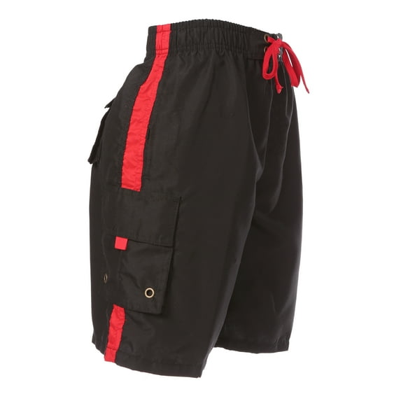 Sakkas Mens Solid Color with Contrast Stripes Skate Surf Board Short / Swim Trunks - Black / Red - XL