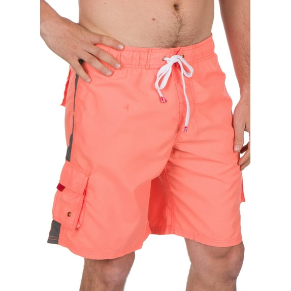 Sakkas Mens Solid Color with Contrast Stripes Skate Surf Board Short / Swim Trunks - Neon Orange - Medium