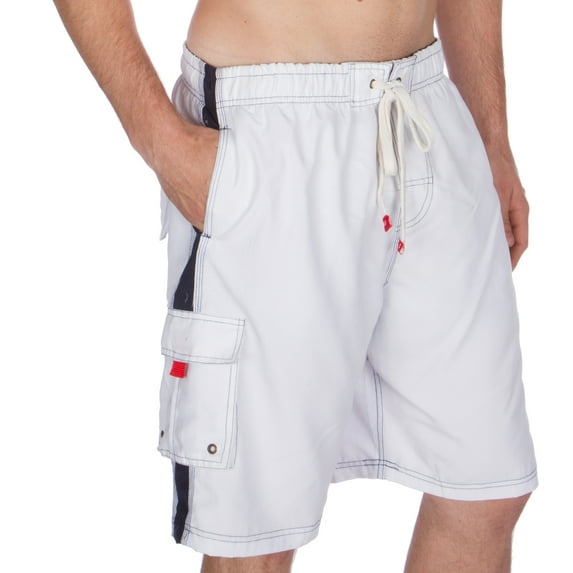 Sakkas Mens Solid Color with Contrast Stripes Skate Surf Board Short / Swim Trunks - White - Small