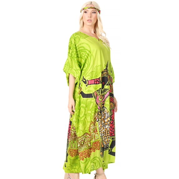 Sakkas Mera Women's Long Loose Short Sleeve Summer Casual Caftan Kaftan Dress - KAF1011-Green - One Size
