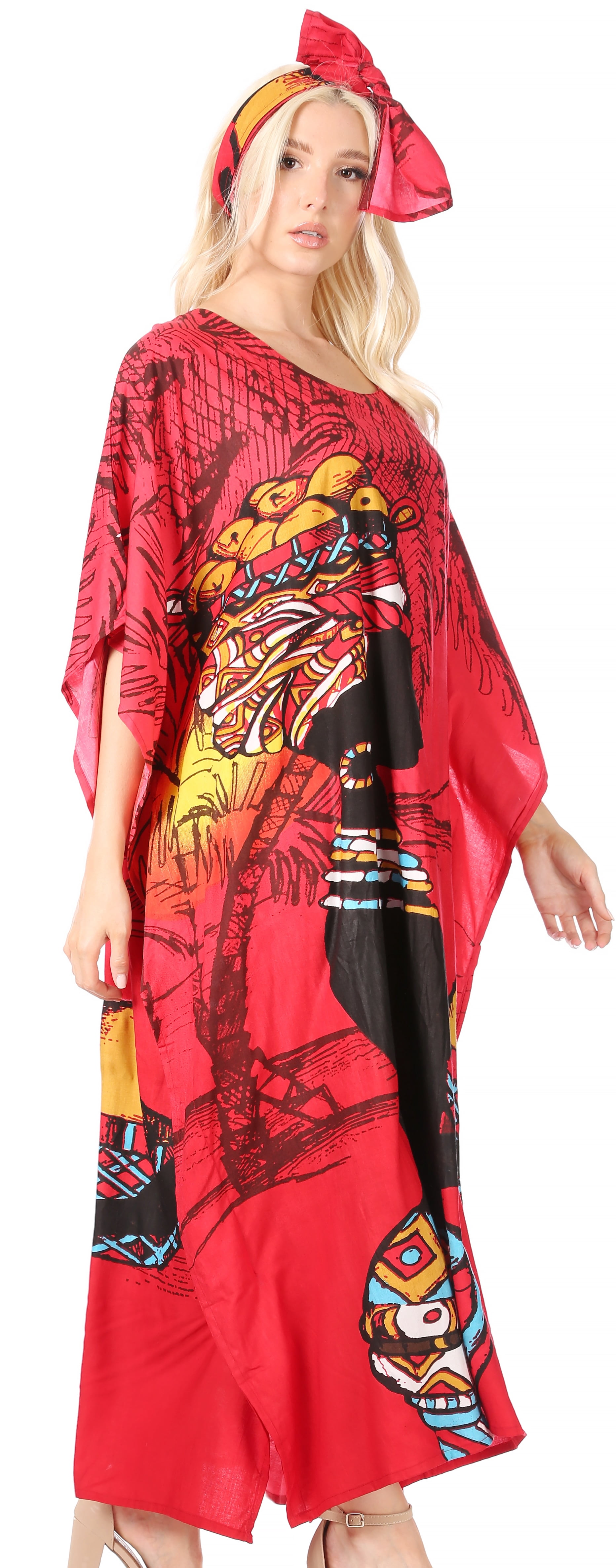 Sakkas Mera Robe Caftan Décontractée Femme Manches Courtes/Longues - Taille Unique Avec Écharpe - Imprimés Africains Colorés