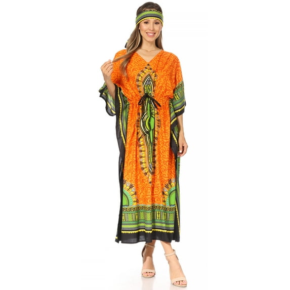 Sakkas Mera Women's Long Loose Short Sleeve Summer Casual Caftan Kaftan Dress - KAF1023-Orange - One Size
