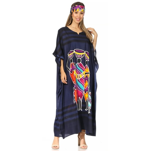 Sakkas Mera Women's Long Loose Short Sleeve Summer Casual Caftan Kaftan Dress - KAF1026-Navy - One Size
