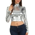 thumbnail image 1 of Sakkas Metallic Liquid Mock Neck Turtleneck Long Sleeve Crop Top - Made in USA - Silver - Large, 1 of 6