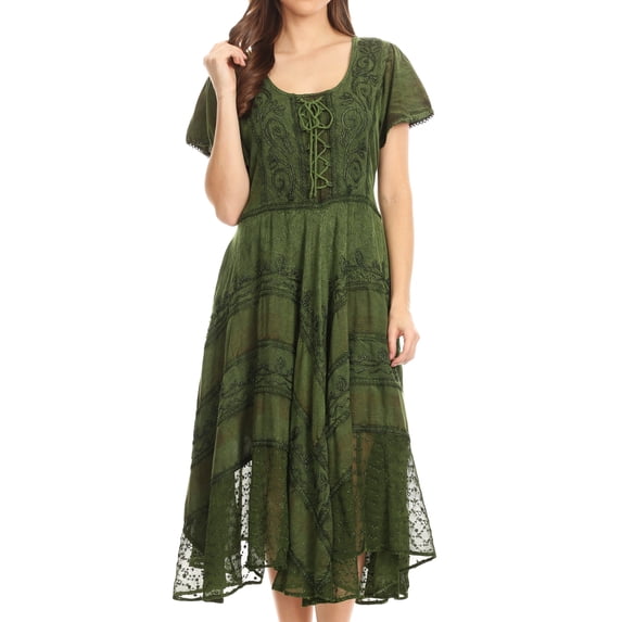 Sakkas Mila Long Corset Embroidered Cap Sleeve Dress With Adjustable Waist - Green - S/M