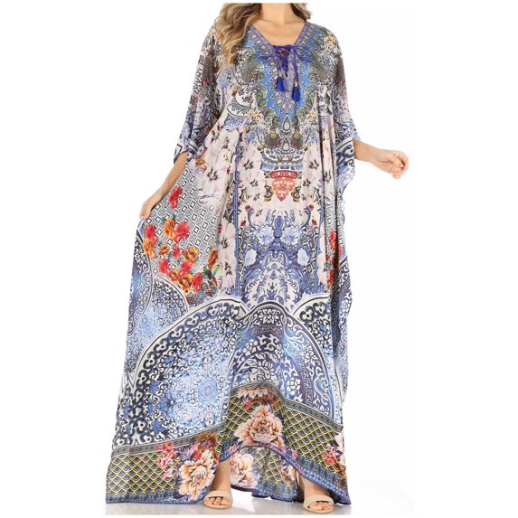 Sakkas Milanna Women's V neck Short Sleeve Vibrant Print Caftan Dress Cover-up - Print-2 - One Size