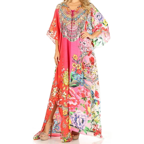 Sakkas Milanna Women's V neck Short Sleeve Vibrant Print Caftan Dress Cover-up - Print-5 - One Size