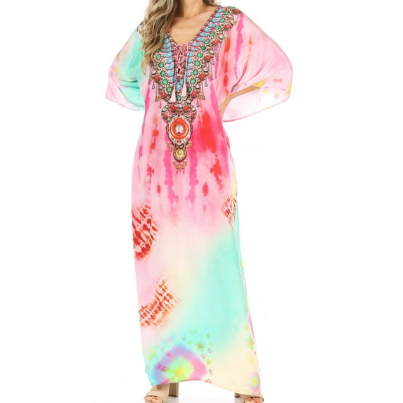 Sakkas Milanna Women's V neck Short Sleeve Vibrant Print Caftan Dress Cover-up - Print-6 - One Size