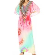 Sakkas Milanna Women's V neck Short Sleeve Vibrant Print Caftan Dress Cover-up - Print-6 - One Size