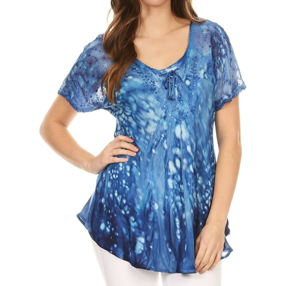 Sakkas Mira Tie Dye Two Tone Sheer Cap Sleeve Relaxed Fit Embellished Tunic Top - 1-Blue - Plus Size