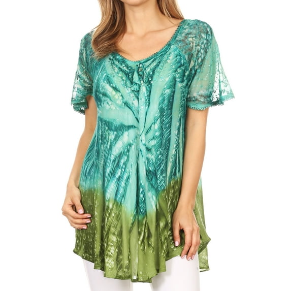Sakkas Mira Tie Dye Two Tone Sheer Cap Sleeve Relaxed Fit Embellished Tunic Top - 6-Aqua - One Size
