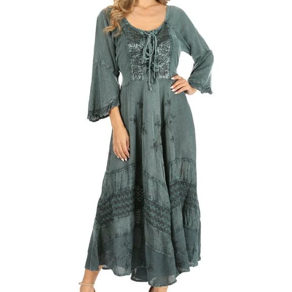 Sakkas Mirabel Stonewashed Corset Style Floral Emboridery Kimono Sleeve Dress - Turquoise - 1X/2X