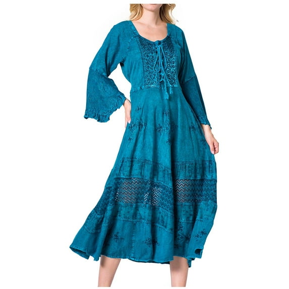 Sakkas Mirabel Stonewashed Corset Style Floral Emboridery Kimono Sleeve Dress - Turquoise - L/XL