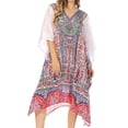 thumbnail image 1 of Sakkas Miui Ligthweight Rhinestone V Neck Printed Short Caftan Dress / Cover Up - FOW210-White - One Size, 1 of 5