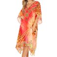 thumbnail image 1 of Sakkas Miui Ligthweight Rhinestone V Neck Printed Short Caftan Dress / Cover Up - Sunset Orange / Multi - One Size, 1 of 5