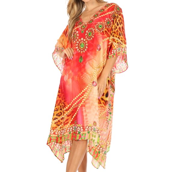 Sakkas Miui Ligthweight Rhinestone V Neck Printed Short Caftan Dress / Cover Up - Sunset Orange / Multi - One Size