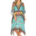 thumbnail image 1 of Sakkas Miui Ligthweight Rhinestone V Neck Printed Short Caftan Dress / Cover Up - Turquoise Multi - One Size, 1 of 5
