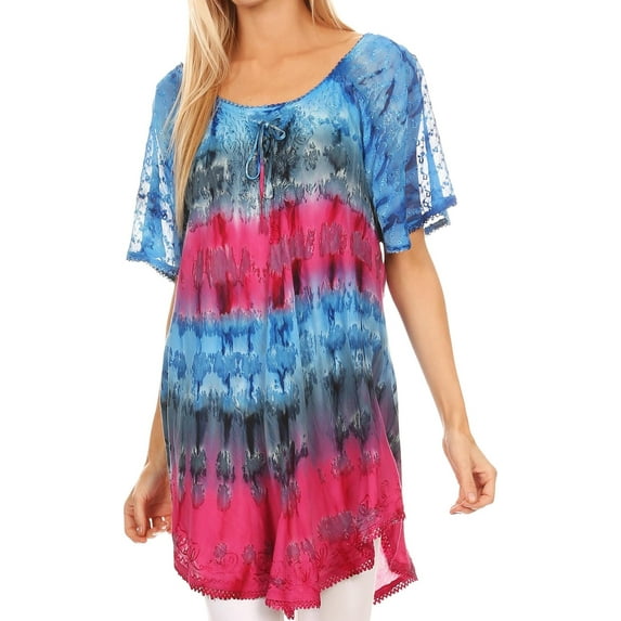 Sakkas Monet Long Tall Tie Dye Ombre Embroidered Cap Sleeve Blouse Shirt Top - Blue / Pink - One Size