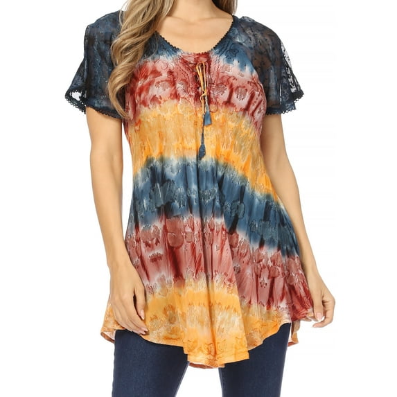 Sakkas Monet Long Tall Tie Dye Ombre Embroidered Cap Sleeve Blouse Shirt Top - Grey / Coral - One Size