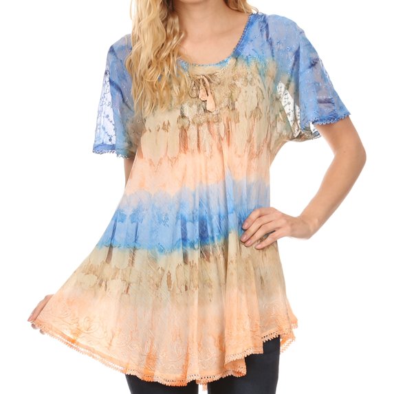 Sakkas Monet Long Tall Tie Dye Ombre Embroidered Cap Sleeve Blouse Shirt Top - Navy / Brown - Plus Size
