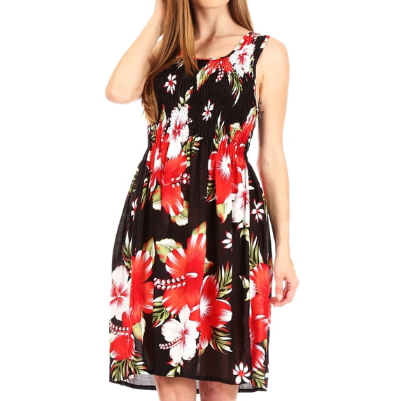 Sakkas Murni Women's Casual Summer Cocktail Elastic Stretchy Floral Print Dress - B-Red - One Size