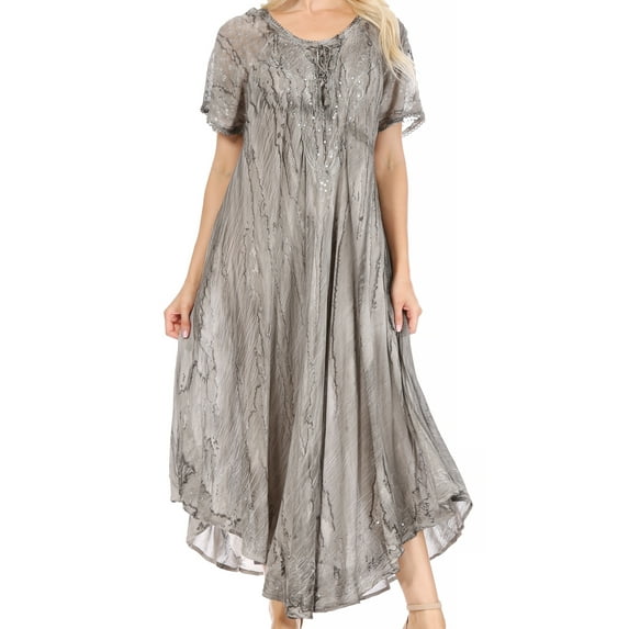 Sakkas Myani Two Tone Embroidered Sheer Cap Sleeve Caftan Long Dress | Cover Up - Grey - One Size Regular