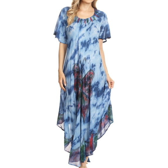 Sakkas Nalani Womens Flowy Caftan Tie Dye Summer Dress Cover up Relax Fit - Blue - One Size Regular