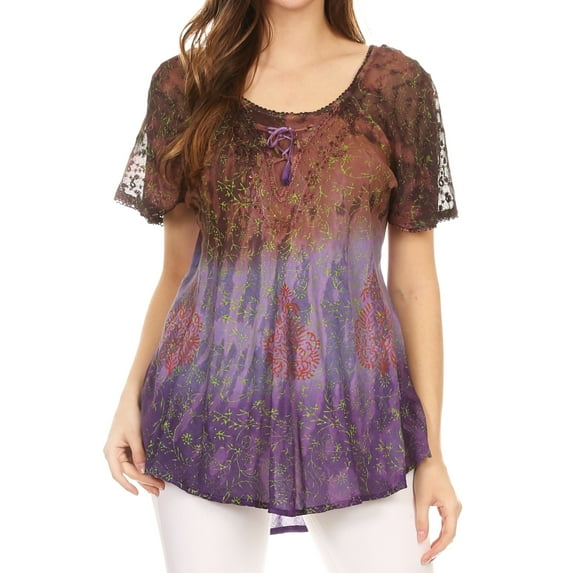 Sakkas Nayen Tie-Dye Sheer Cap Sleeve Embellished Relaxed Fit Drawstring Tunic Top - Brown - One Size Plus