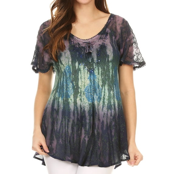 Sakkas Nayen Tie-Dye Sheer Cap Sleeve Embellished Relaxed Fit Drawstring Tunic Top - Navy - One Size Plus