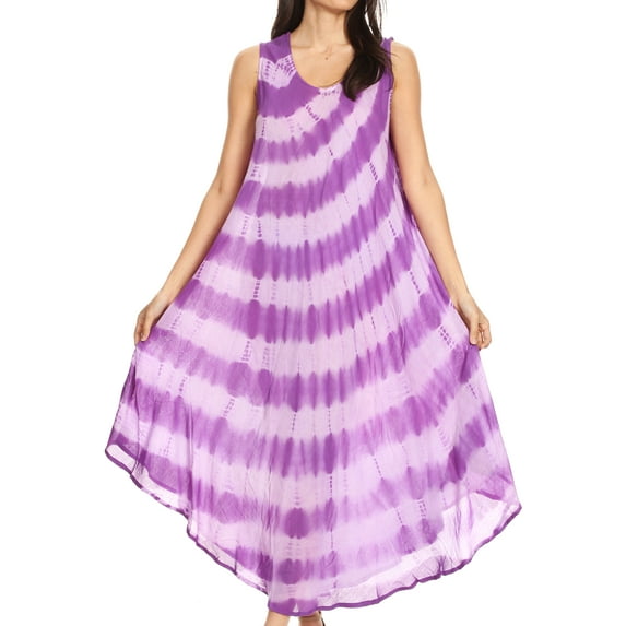 Sakkas Neja Women's Casual Maxi Summer Sleeveless Loose Fit Tie Dye Tank Dress - Purple - One Size Regular
