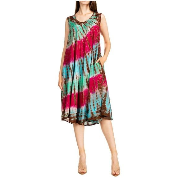 Sakkas Nora Sleeveless Embroidered Short Tie Dye Caftan Dress / Cover Up - 1-Blue - One Size