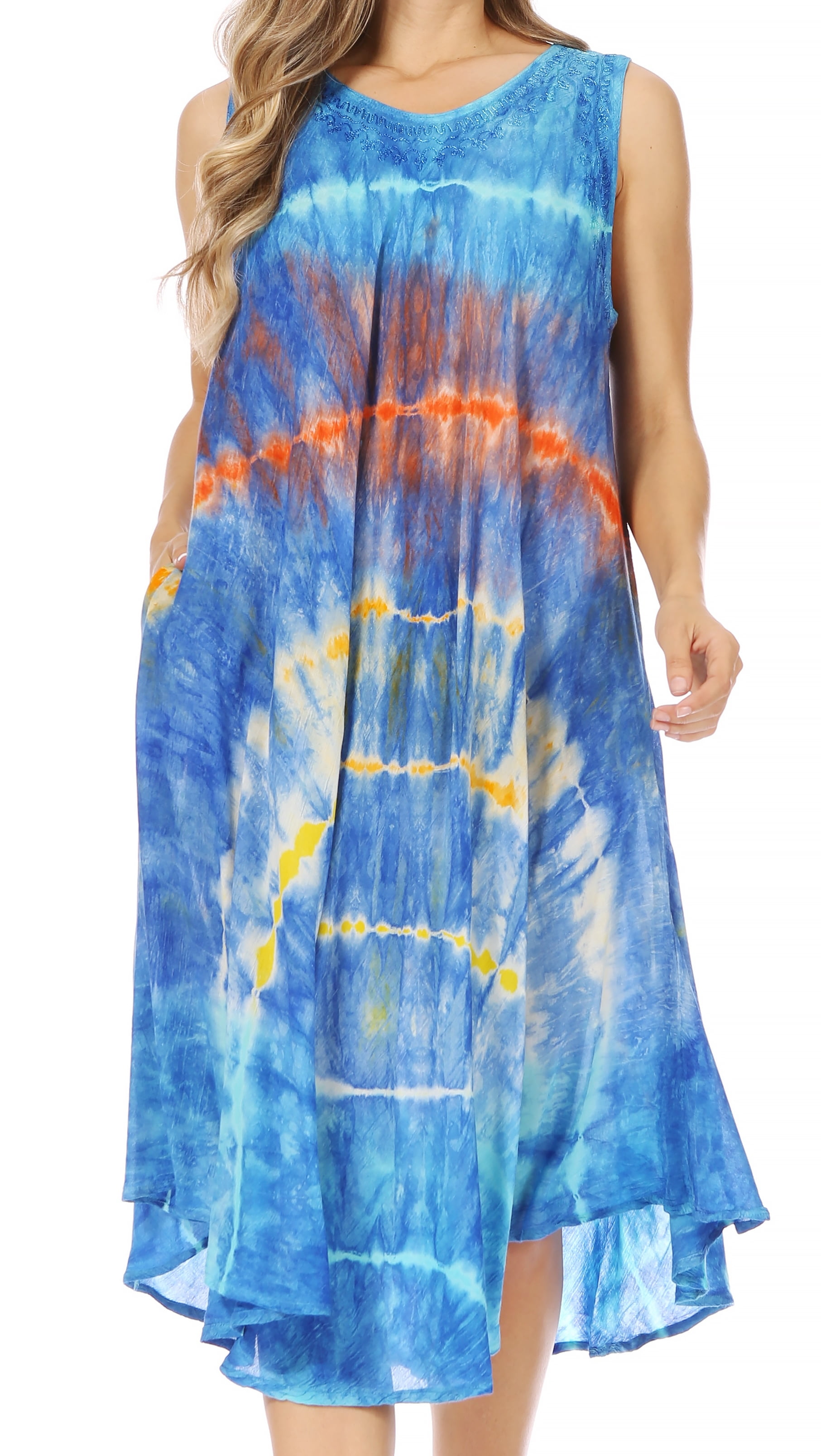 Sakkas Nora Sleeveless Embroidered Short Tie Dye Caftan Dress / Cover Up -  Blue - One Size 