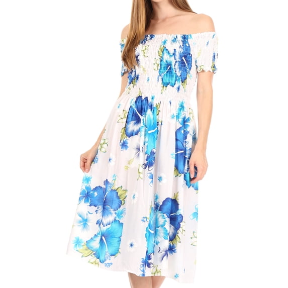 Sakkas Nur Women's Smock Elastic Cocktail Midi Sleeve Off Shoulder Floral Dress - W-Blue - One Size