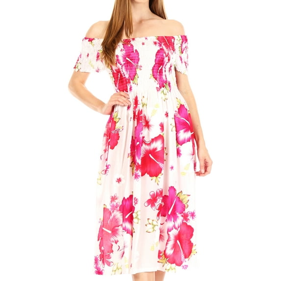 Sakkas Nur Women's Smock Elastic Cocktail Midi Sleeve Off Shoulder Floral Dress - W-Pink - One Size