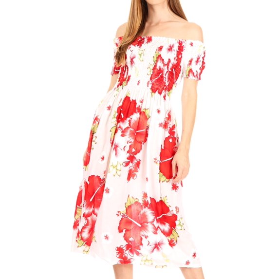 Sakkas Nur Women's Smock Elastic Cocktail Midi Sleeve Off Shoulder Floral Dress - W-Red - One Size