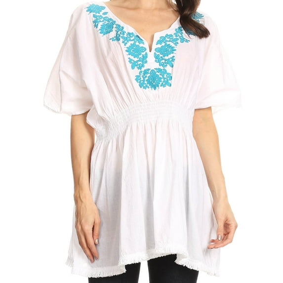 Sakkas Octavia Smocked Dolman Sleeve Fringe Blouse with Split Neck and Embroidery - White / Aqua - One Size Regular