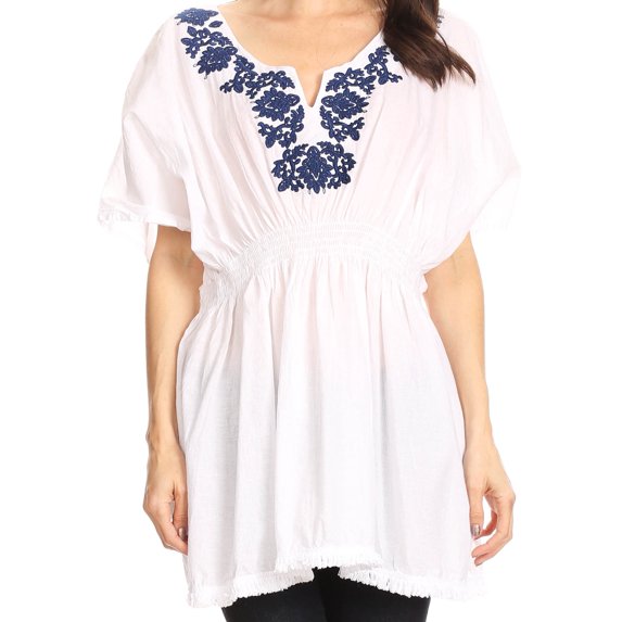 Sakkas Octavia Smocked Dolman Sleeve Fringe Blouse with Split Neck and Embroidery - White / Navy - One Size Regular