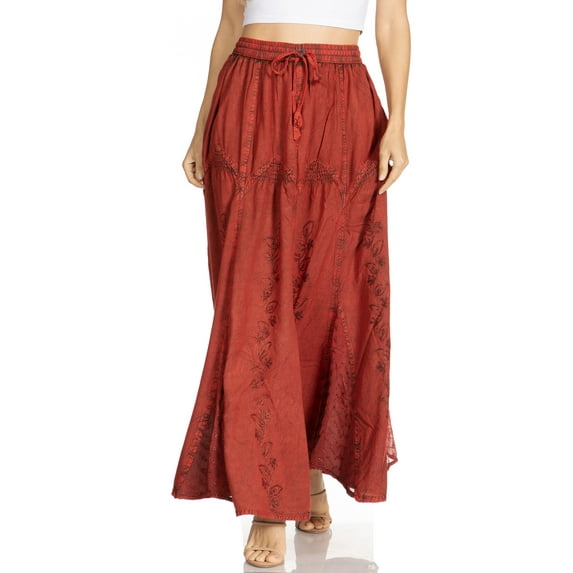 Sakkas Olivia Womens Maxi Bohemian Gypsy Long Skirt With Elastic Waist and Lace - Red - One Size