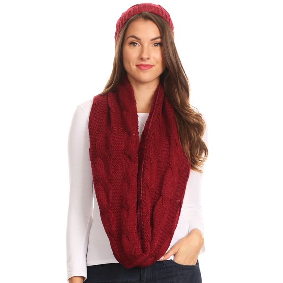 Sakkas Olliey Long Wide Classic Cable Knit Fur Lined Infinity Scarf And Hat Set - Burgandy - One Size Regular
