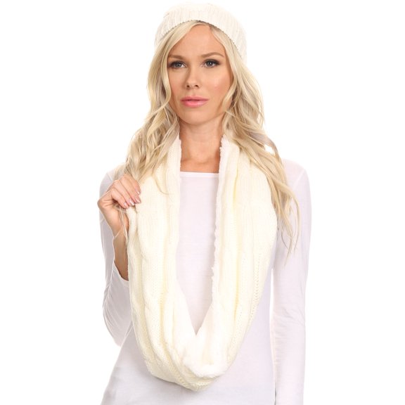 Sakkas Olliey Long Wide Classic Cable Knit Fur Lined Infinity Scarf And Hat Set - White - One Size Regular