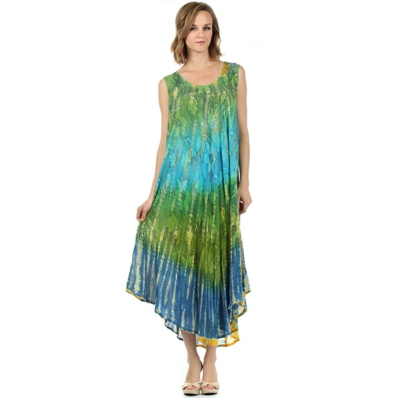 Sakkas Ombre Floral Tie Dye Tank Sheath Caftan Cotton Dress - Green - One Size