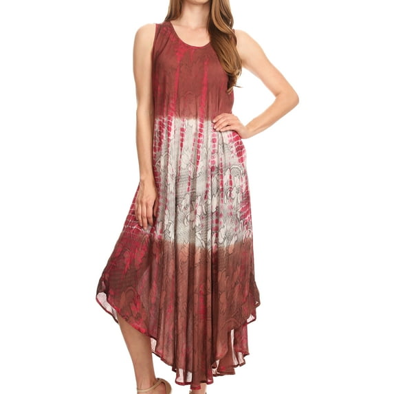 Sakkas Ombre Floral Tie Dye Tank Sheath Caftan Rayon Dress - Brown / Cream - One Size