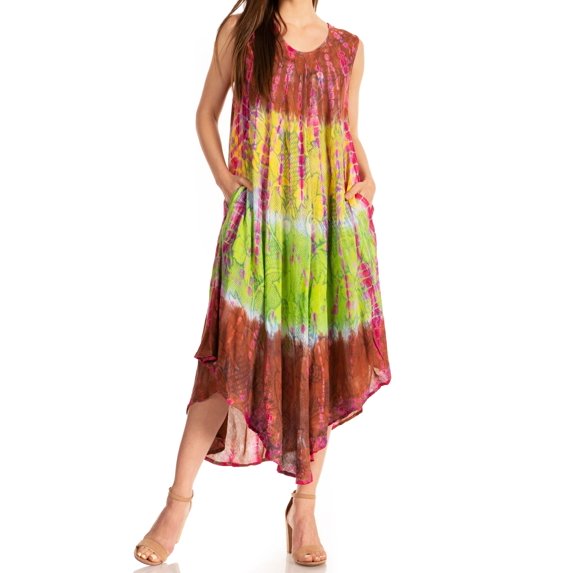 Sakkas Ombre Floral Tie Dye Tank Sheath Caftan Rayon Dress - Fuchsia - One Size