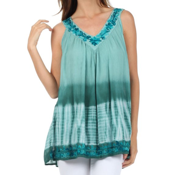 Sakkas Ombre Tie Dye Gauzy Crepe Sleeveless Relaxed Fit Top / Blouse - Teal - One Size