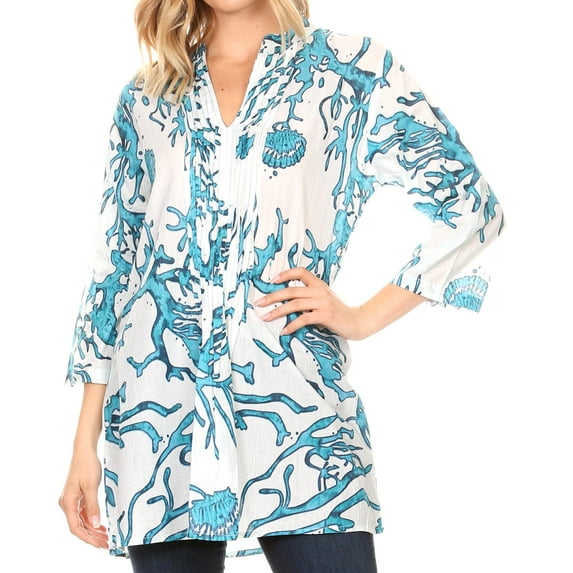 Sakkas Ona Women's Casual Summer Cotton 3/4 Sleeve Print Loose Tunic Top Blouse - Teal - S/M