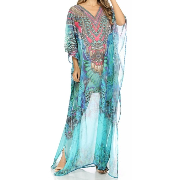 Sakkas P4 - LongKaftan Wilder Printed Design Long Semi Sheer Caftan Dress / Cover Up - etu227-turq - OS