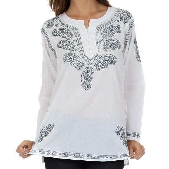 Sakkas Paisley Embroidered Cotton Long Sleeve Blouse - White / Charcoal - Medium
