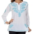 thumbnail image 1 of Sakkas Paisley Embroidered Cotton Long Sleeve Blouse - White / Turquoise - XL, 1 of 4