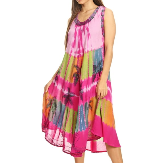 Sakkas Palm Tree Tie Dye Caftan Dress / Cover Up - Pink - One Size